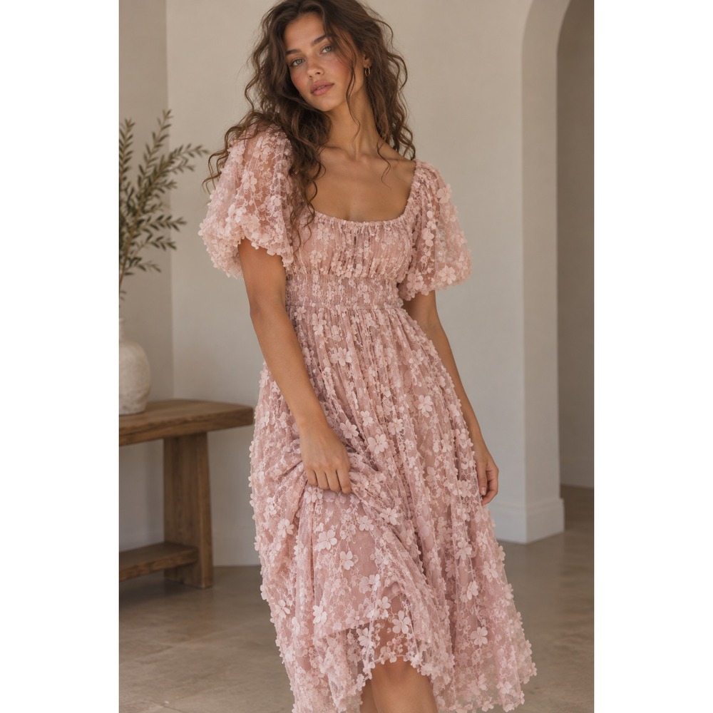 One Loved Babe Pink 3D Floral Lace Midi Dress Puff Sleeve Smocked Bodice Small